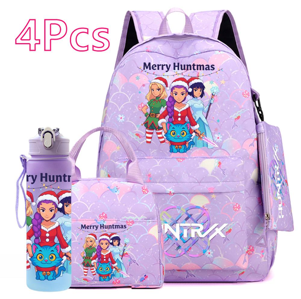 4Pcs/set Christmas KPOP Printed Backpack with Handbag Pencil Case 750Ml Water Bottler for Teenager Boy Girl Large Capacity Bookbag Schoolbag Kid Gift