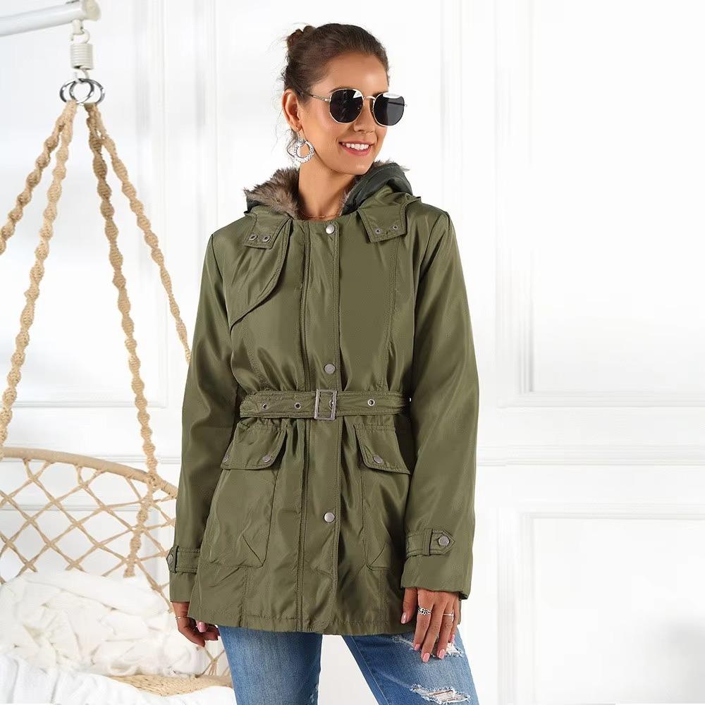 Women's Cotton Jacket Waist Cinching Solid Color Hood Warm Comfortable Casual