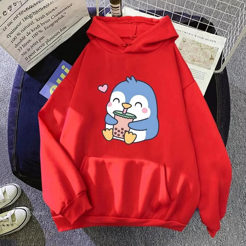 Bubble Boba Milk Tea Cartoon 2d Hoodies Women Penguin Graphic Printed Sweatshirts Clothes Kawaii Harajuku Hoodie Casual Clothing