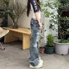 American crease worn design micro-pull jeans women's autumn new elastic slim slim and thin extended flared pants