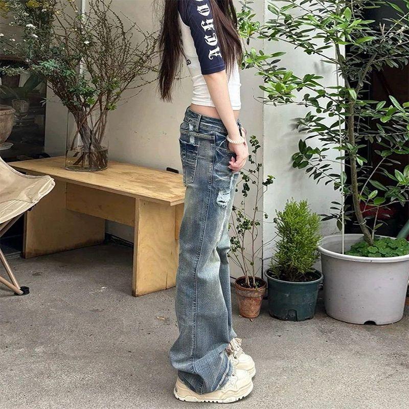 American crease worn design micro-pull jeans women's autumn new elastic slim slim and thin extended flared pants