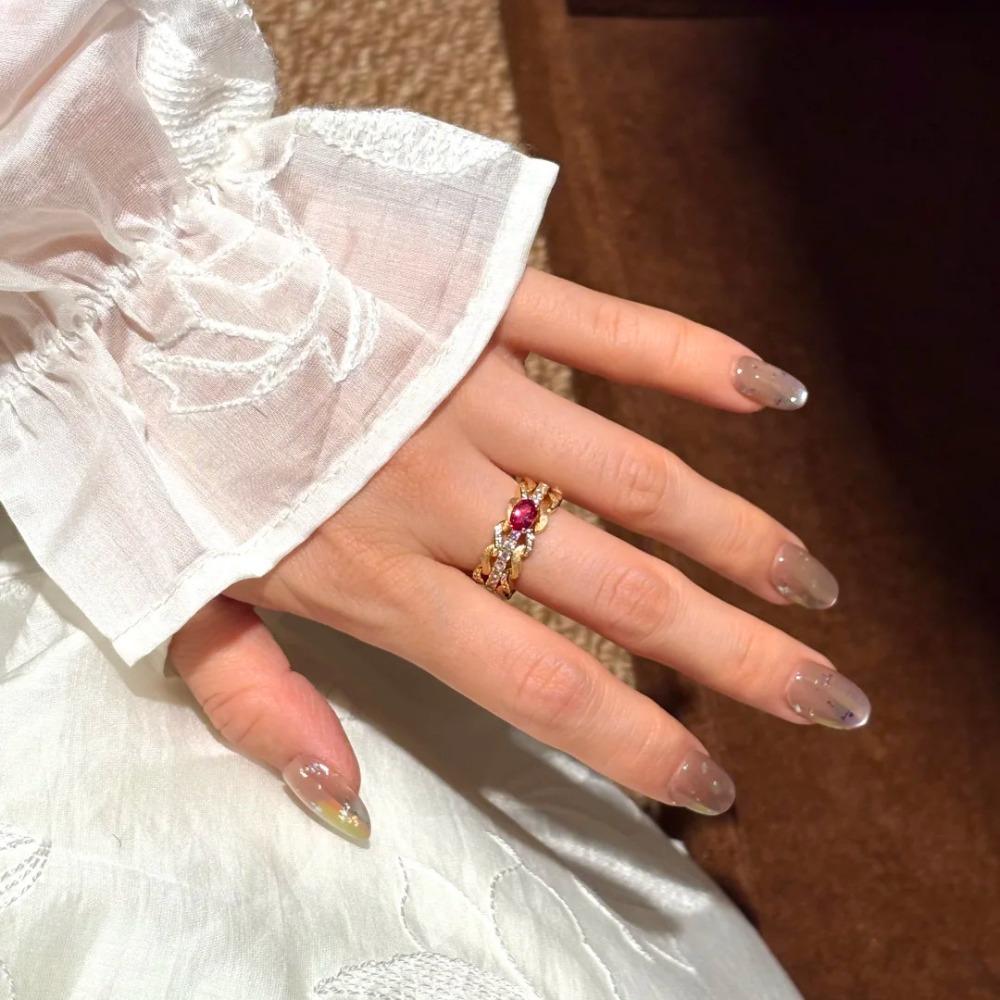 Elegant Red Corundum Ring for Women with Diamond Accents Luxe Hollow Design Fashionable Statement Jewelry