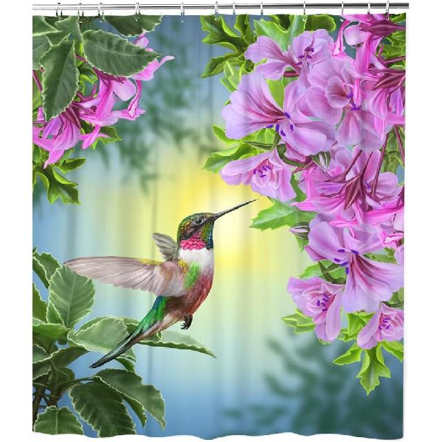 LOKMU Shower Curtain Hummingbirds and Flowers Waterproof Machine Washable Fabric Bathroom Decor Bath Curtains with Hooks 72 x 72 Inches