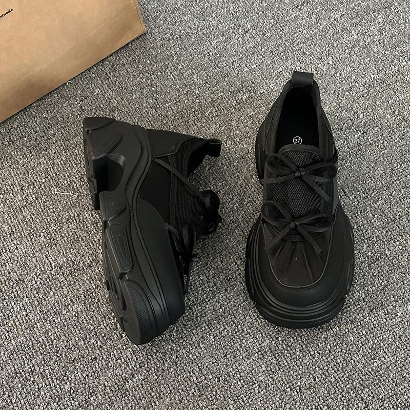 

Spring Autumn Mesh Platform Shoes for Women Height Increasing Bow Fashion Vulcanize Shoes Women s Chunky Heel Sports Sneakers 40 чорний