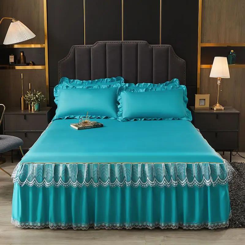 Luxurious lace bed skirt summer bedspread solid satin rayon bed linen couple bedding single double queen king size bed sheet