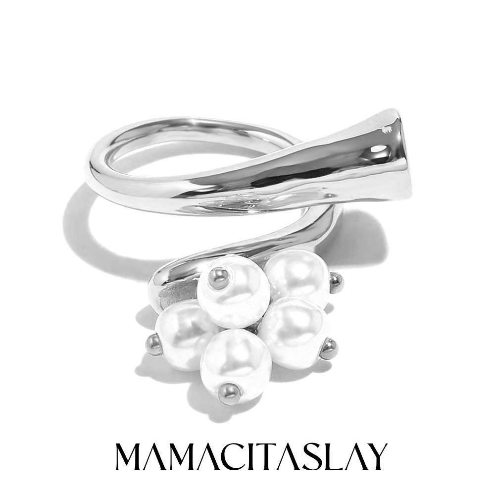 MamacitaSlay Unique 18K Gold Plated Stainless Steel Pearl Geometric Open Rings Waterproof Jewelry Women's Creative Charm Gift