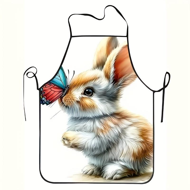 1 Unisex Cooking and Baking Apron, Durable and Easy-to-Clean Fabric, Cute Bunny with Butterfly Pattern On Nose, Suitable for Home, Restaurant, Food Tr
