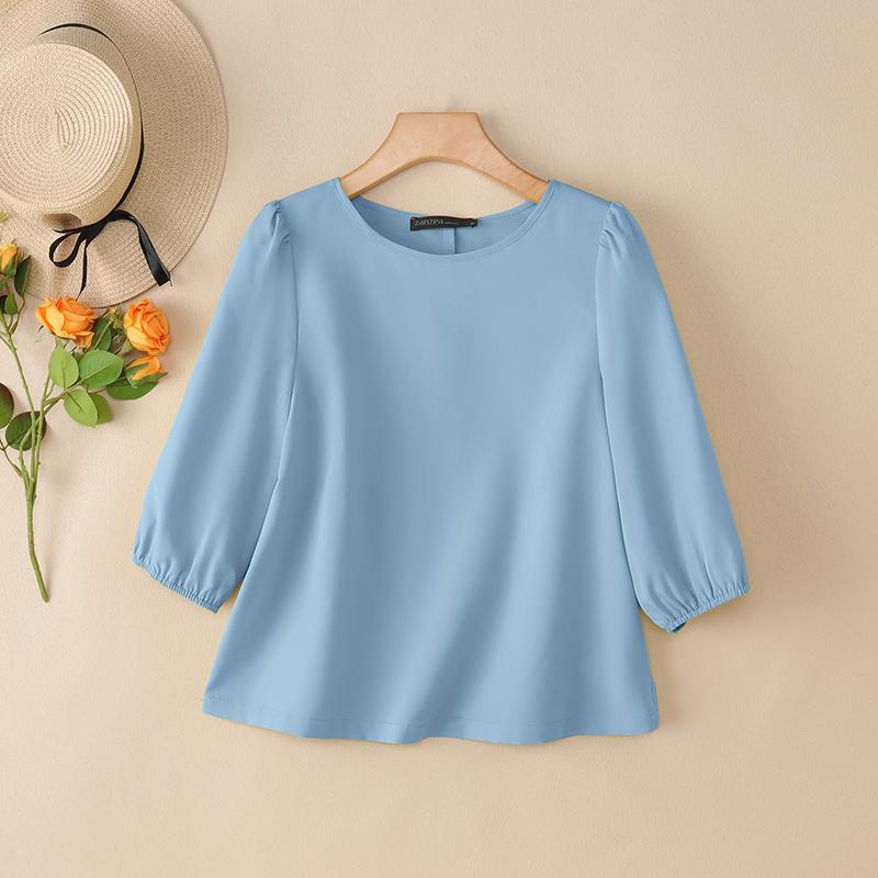 ZANZEA Women Casual Round Neck Loose 3/4 Sleeve Solid Blouse