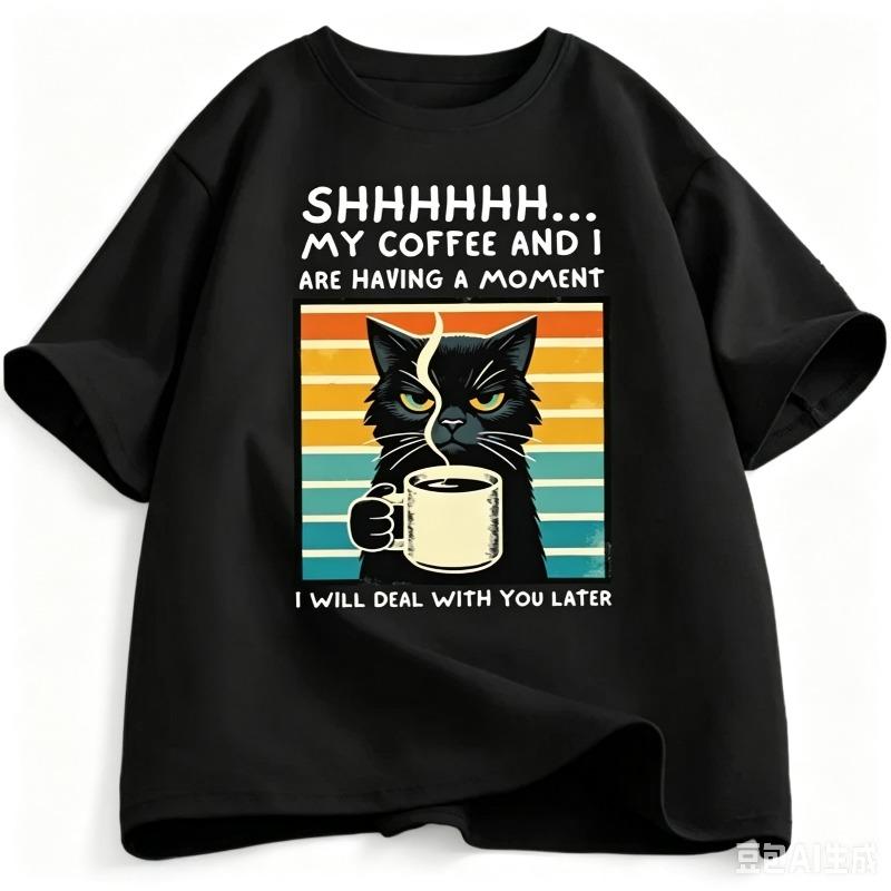 Funny Coffee Cat Print Tshirt For Unisex Simple Versatile Summer Black White Casual Short Sleeve Tee