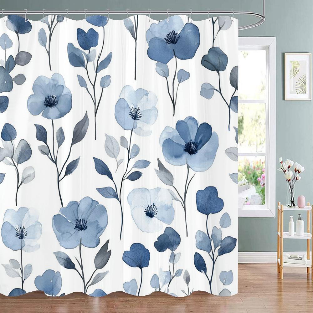 Beautiful and Elegant blue Flowers Pattern Shower Curtain,  Bathroom Decorative Shower Curtain,Home Curtain with Hooks