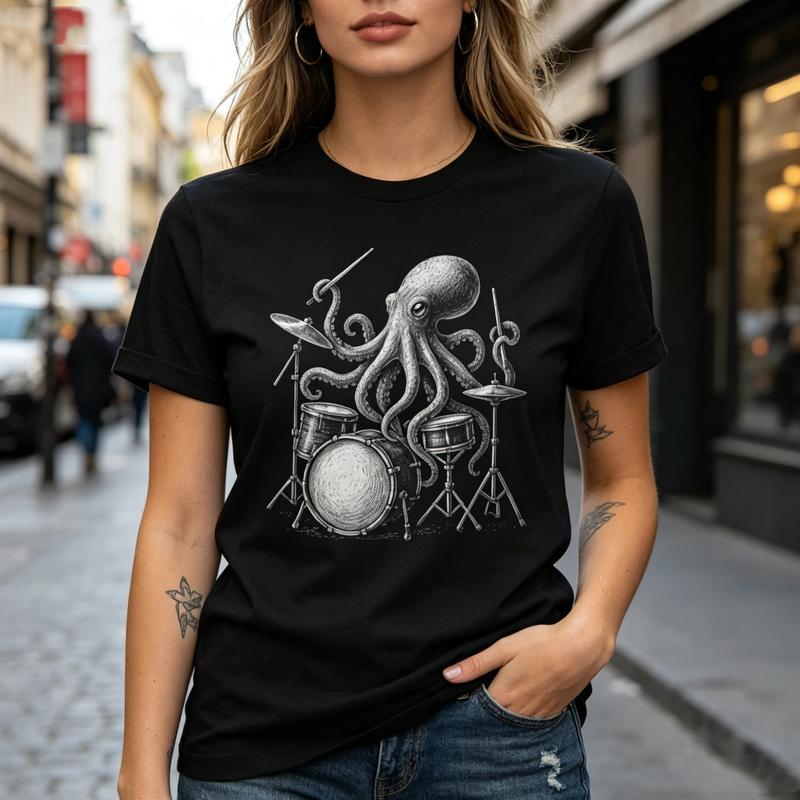 Octopus Playing Drums Graphic Tshirt for Unisex Unisex Vintage Rock Band Tee Casual Short Sleeve Top
