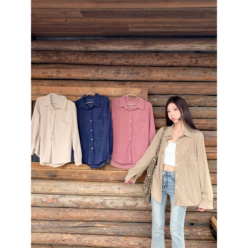 Plus Size Women's Retro Corduroy Shirt - Casual Long Sleeve BF Style for Spring & Autumn