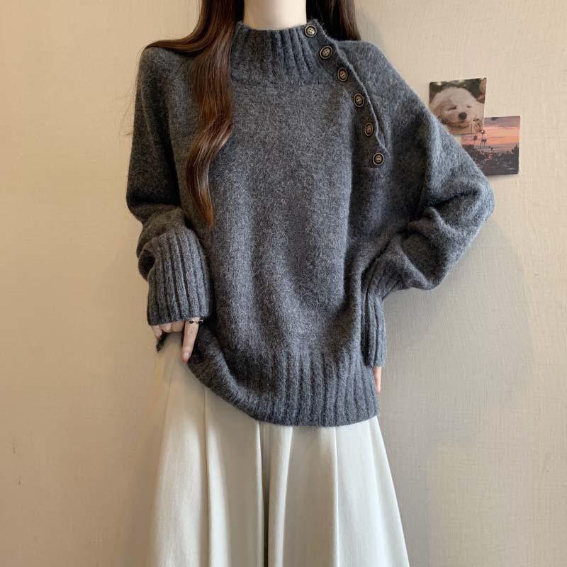 

Япония и Южная Корея осень и зима простая диагональная юбка полувысокое горло вязаный свитер женский большой размер универсальный повседневный топ с длинным рукавом average size 57-92 серый