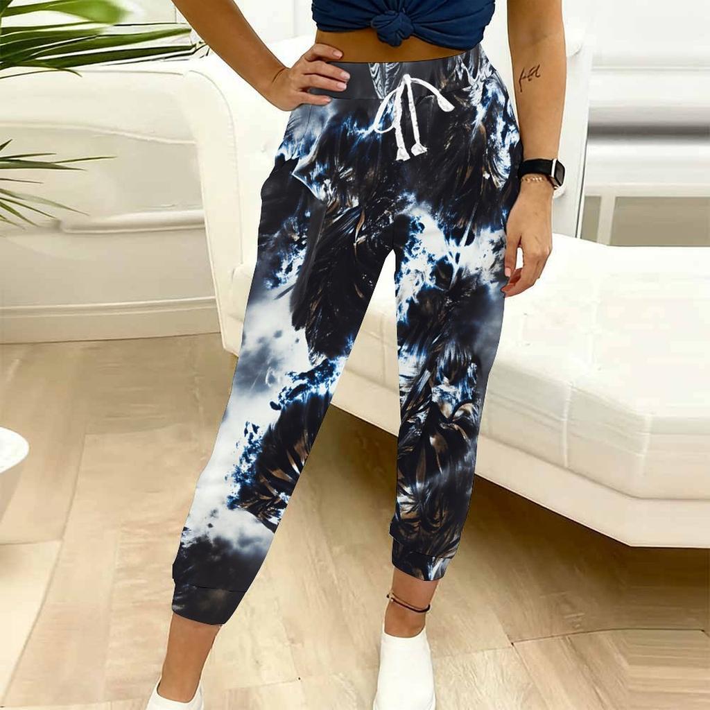 Summer Ladies Mottled Patterns Printed Sweatpants Loose Fit Drawstring Joggers Elastic Cuff Daily Casual Pants