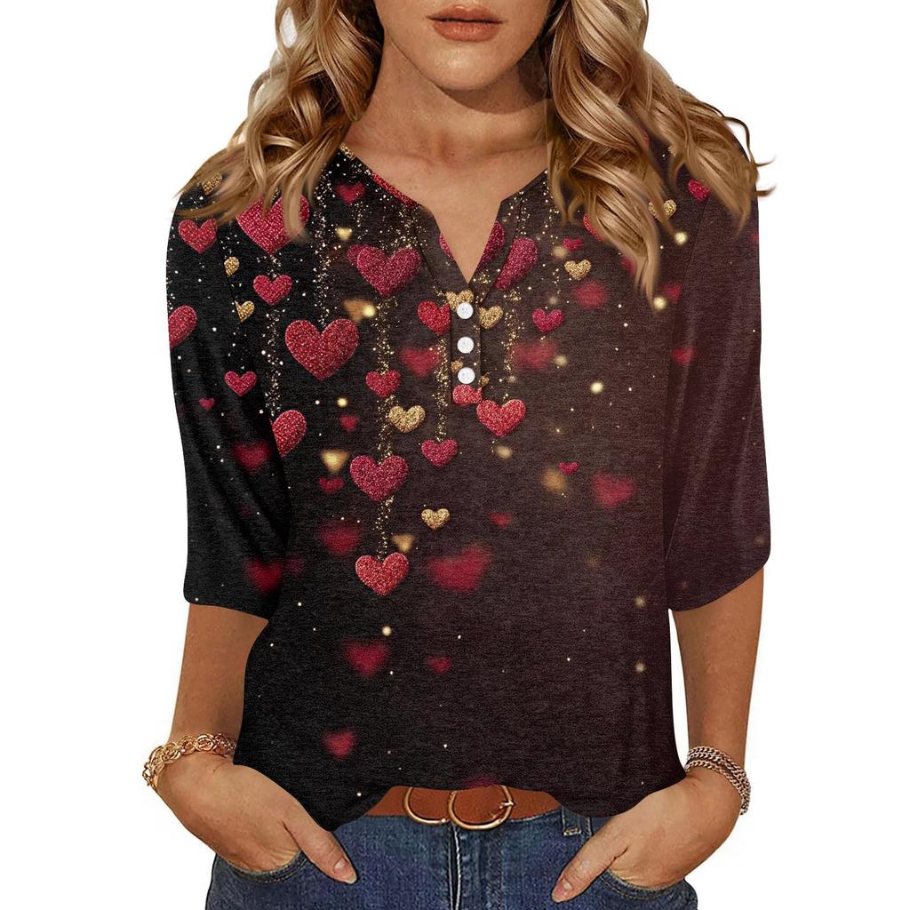 Women's T Shirt Print Button 3/4 Sleeve Daily Weekend Fashion Basic V- Neck Regular Top