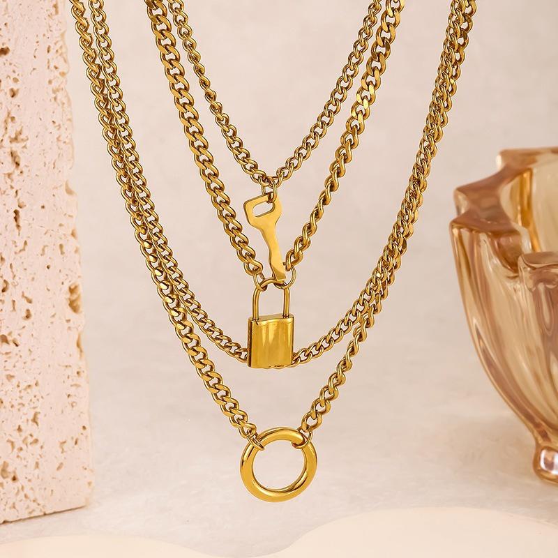 Women's Retro Multi-layer Necklace with Round Ring & Heart Lock Charm - Thick Clavicle Chain Accessory