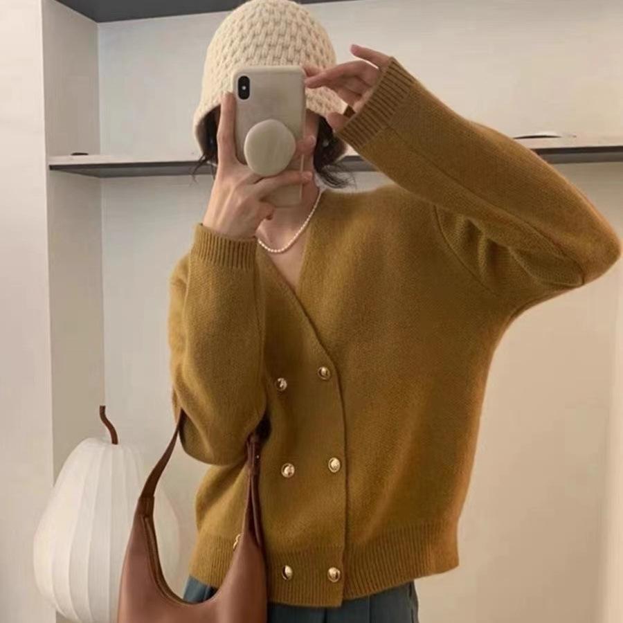 Spring and Autumn New Collar Knitted Cardigan Women's Casual Versatile Double-breasted Chic Sweater Jacket Trend