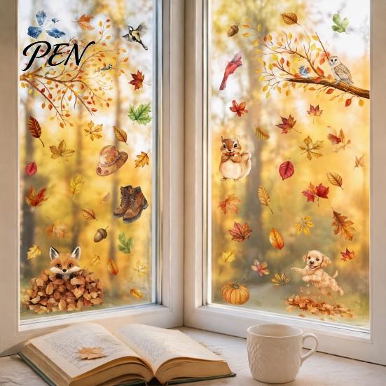 Decorative Autumn Elements for Doors 9PCS Thanksgiving Static Window Clings, Fall Leaves Birds Cute Animals Easy Clean Film Winter Glass Stickers,