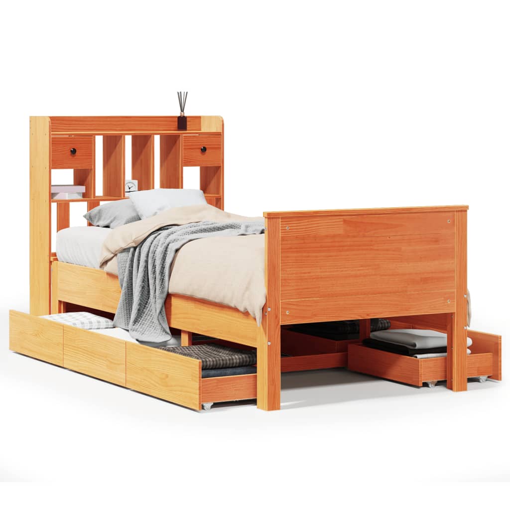 Solid Wood Bed with Shelf Without Mattress Wax Brown 75 x 190 cm