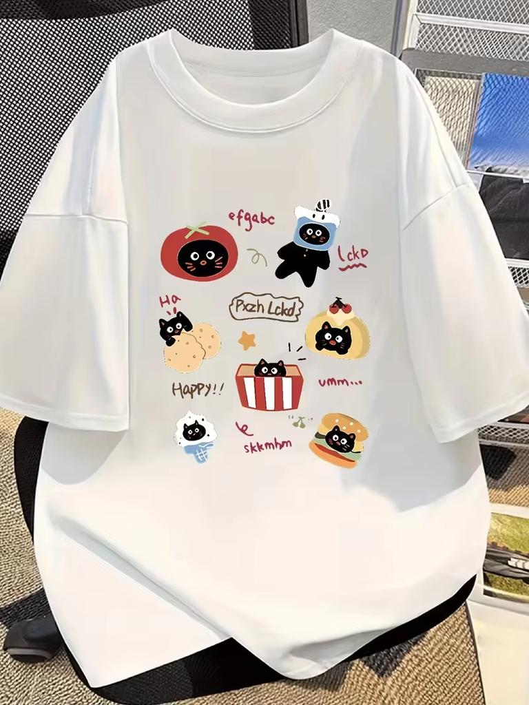 Unisex Cartoon Food Graphic Tshirt Cute Cheese Cat Fast Food Print Crewneck Short Sleeve Casual Loose Streetwear Summer Tee Top