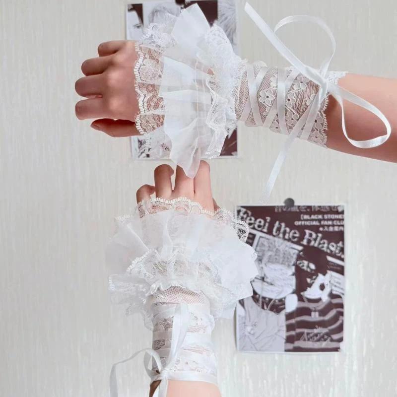 1 Paar Jk Lolita Spitze Handgelenkstulpen Seidenband Y2K Schwarz Weiß Rüschen Handschuhe Für Mädchen Cosplay Requisiten