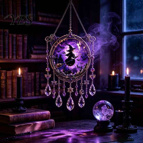 Retro Home Ornaments Halloween Crystal Window Suncatcher, Acrylic Witch Hanging Wind Chime, Decorative Seasonal Holiday Decor Ornament for Indoor