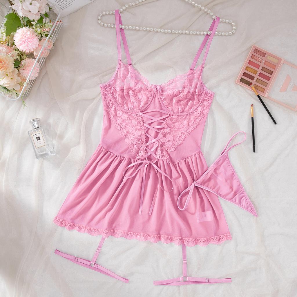 A Full Set Of Blue Plus Size Transparent Lingerie Suits Lace Bra Garter Belt Thong Sets Hot Women's Erotic Underwear Night Dress