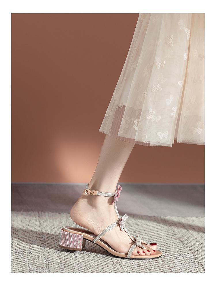 2023 Stylish Rhinestone Bowknot Ankle Strap High Heel Sandals for Women