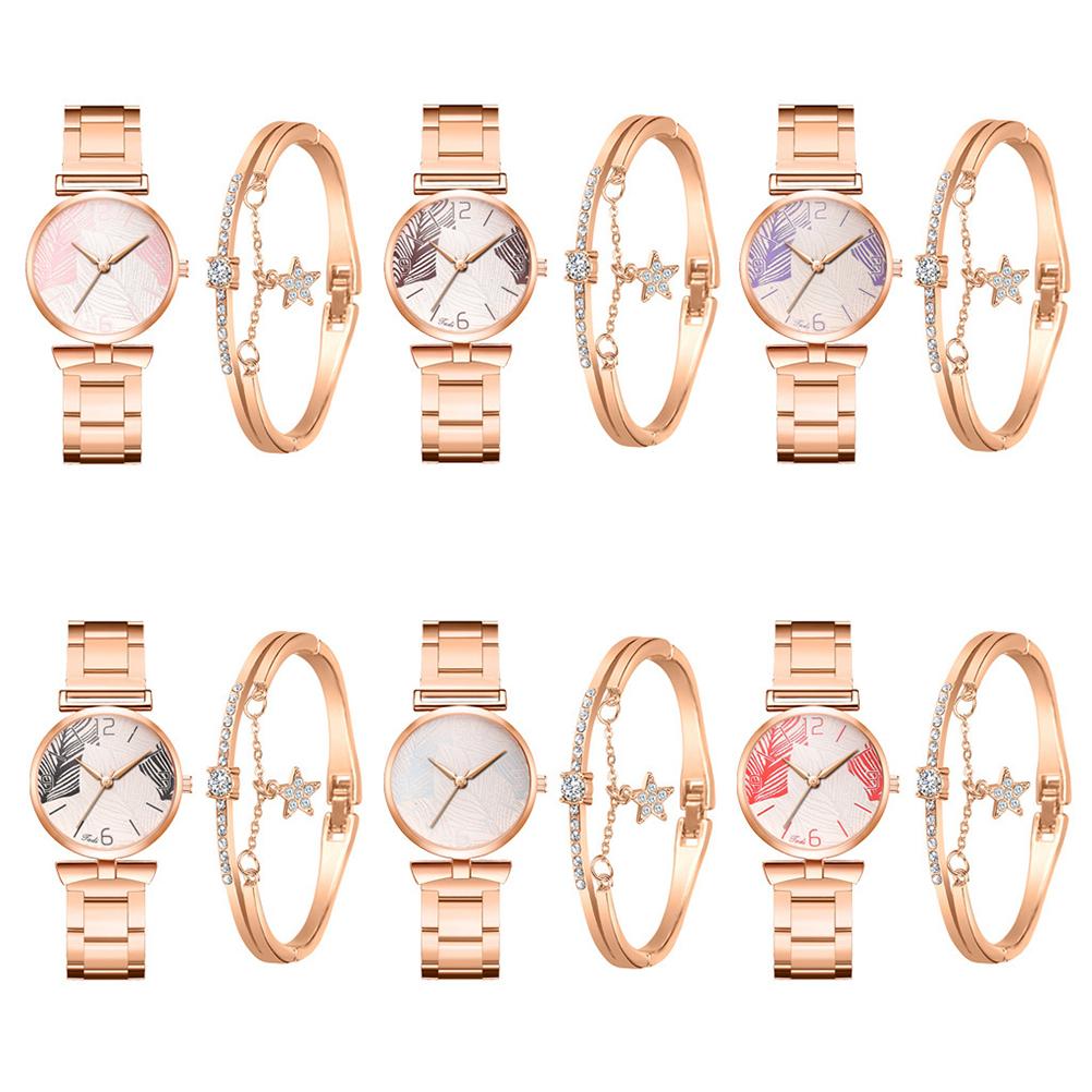 Fashionable Women Watches Bracelet Box Set Leaf Dial Clock Women Wrist Watches Star Bracelet
