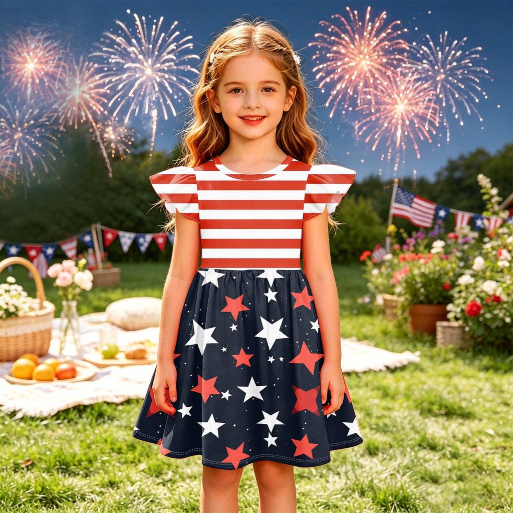 Girls' Summer Princess Dress - A-Line T-Shirt Dress Independence Day