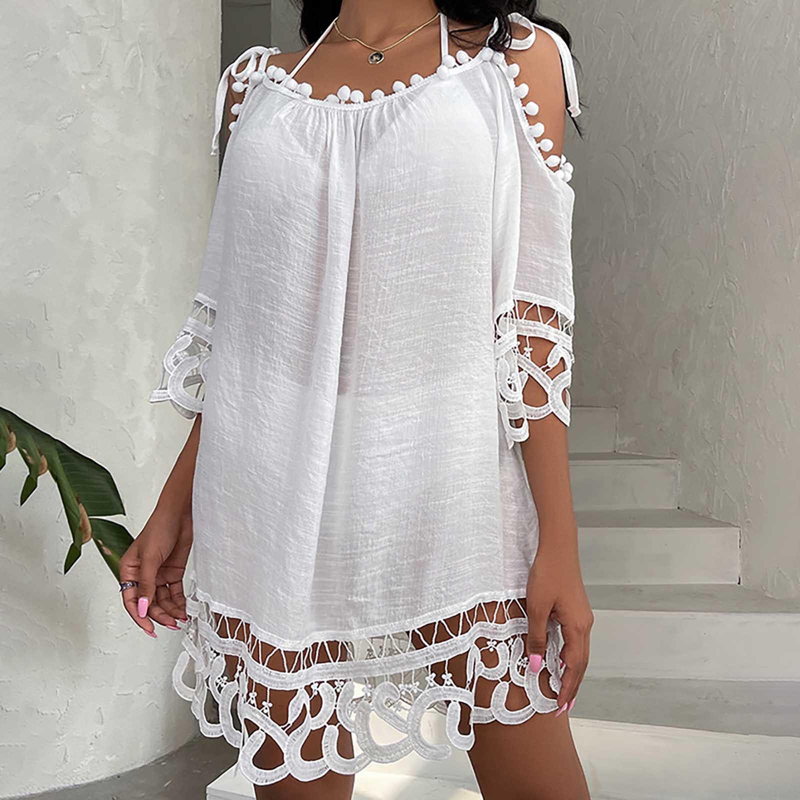 

Женское свободное повседневное пляжное бикини с короткими рукавами и кисточками в стиле пэчворк для отдыха One Size белый