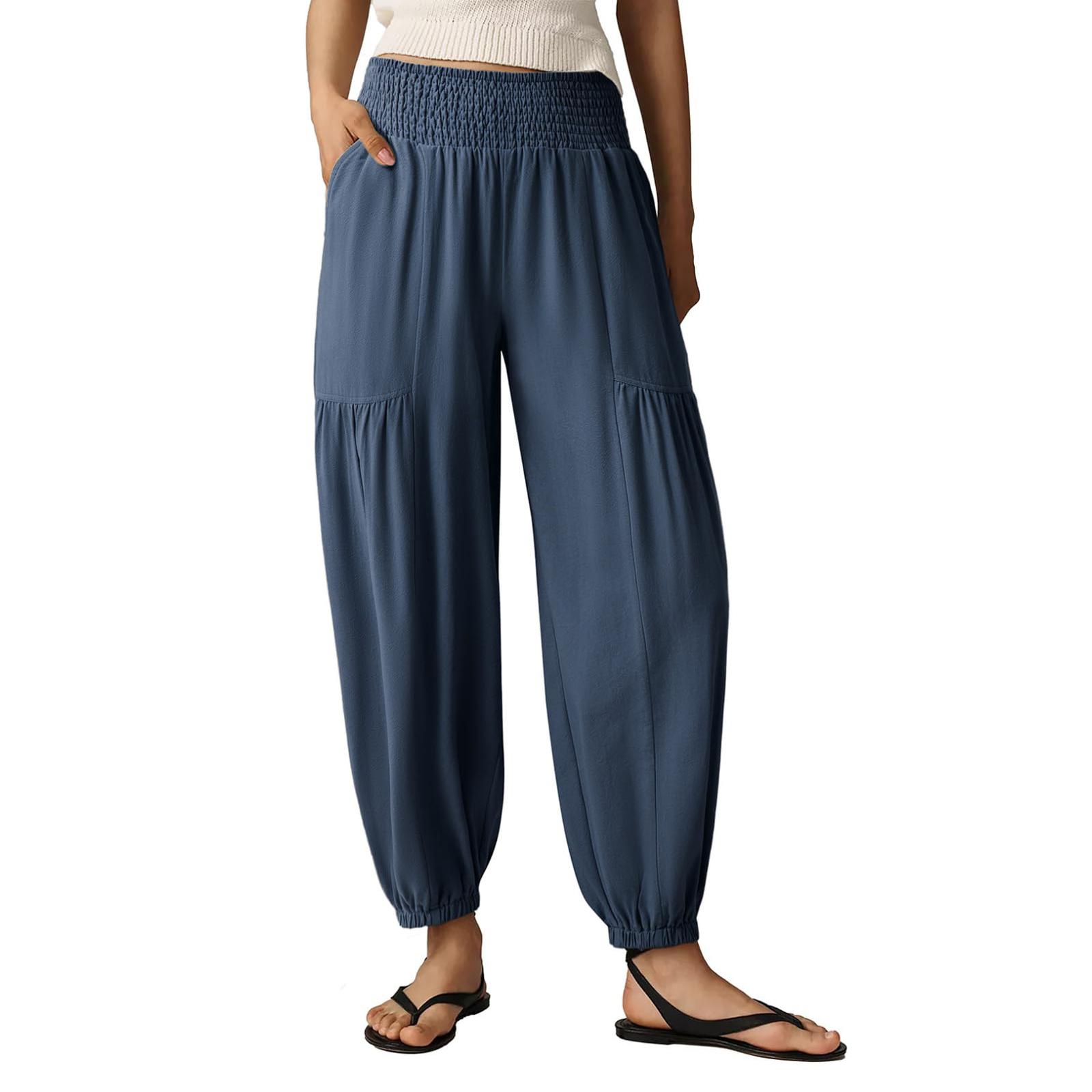 

Жіночі Еластичні Штани з Високою Талією Повсякденного Кроєння Широкі Довгі Штани З Кишенями S Темно-синій