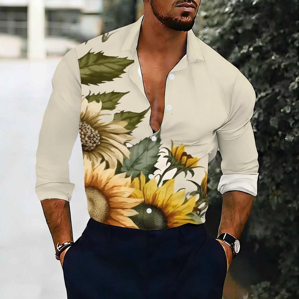Men Collared Shirt White Yellow Teal Ink Wash Floral Print Long Sleeve Button Down Top