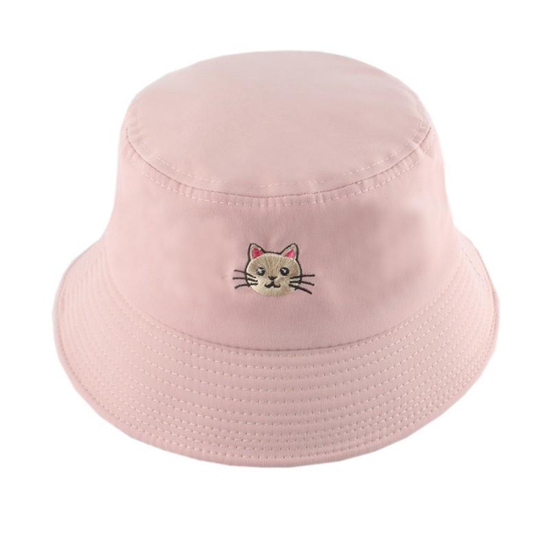 Unisex Cotton Blend Fisherman Hat With Cat Embroidery Wide Brim Outdoor Cap Winter