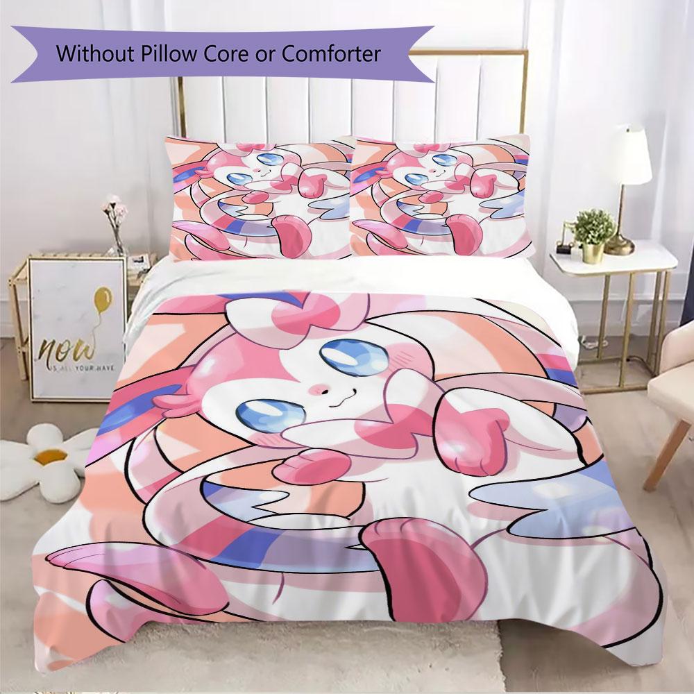 Pink Sylveon Design 3 Piece Bedding Set Cute Pokemon Theme Duvet Cover Pillowcases For Kids Girls Room