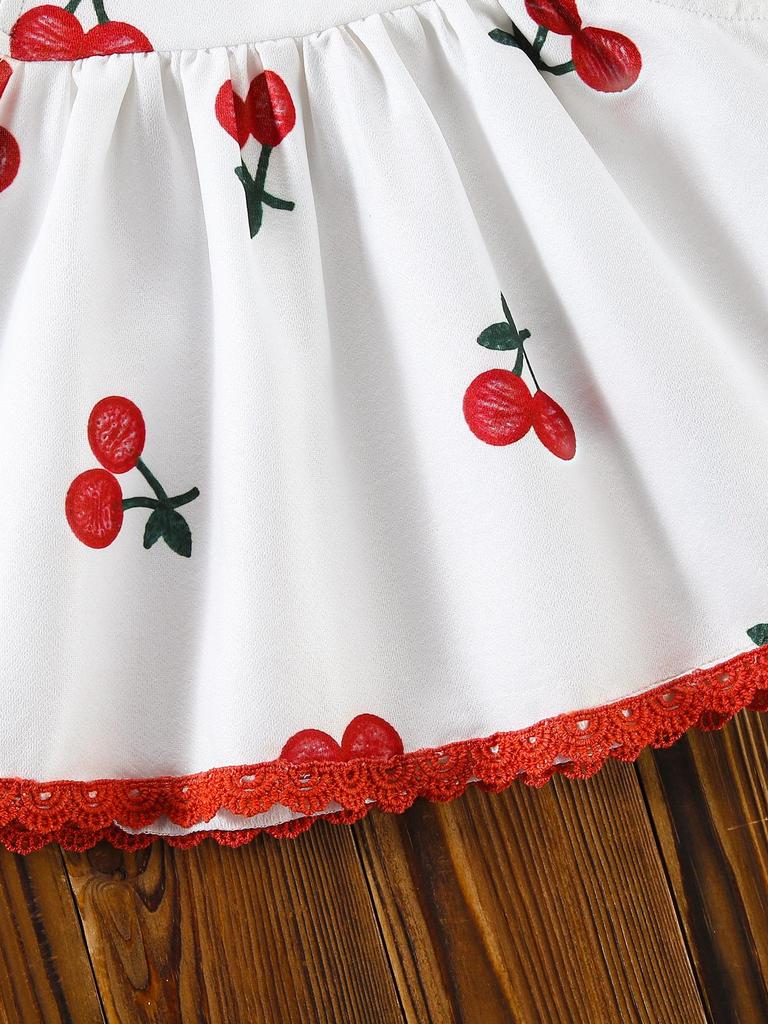 Two Piece Girls' Cute and Energetic Niche Floral Dress Vest and Fashionable Cherry Patterned Lace Hem Versatile Contrasting Shorts Set