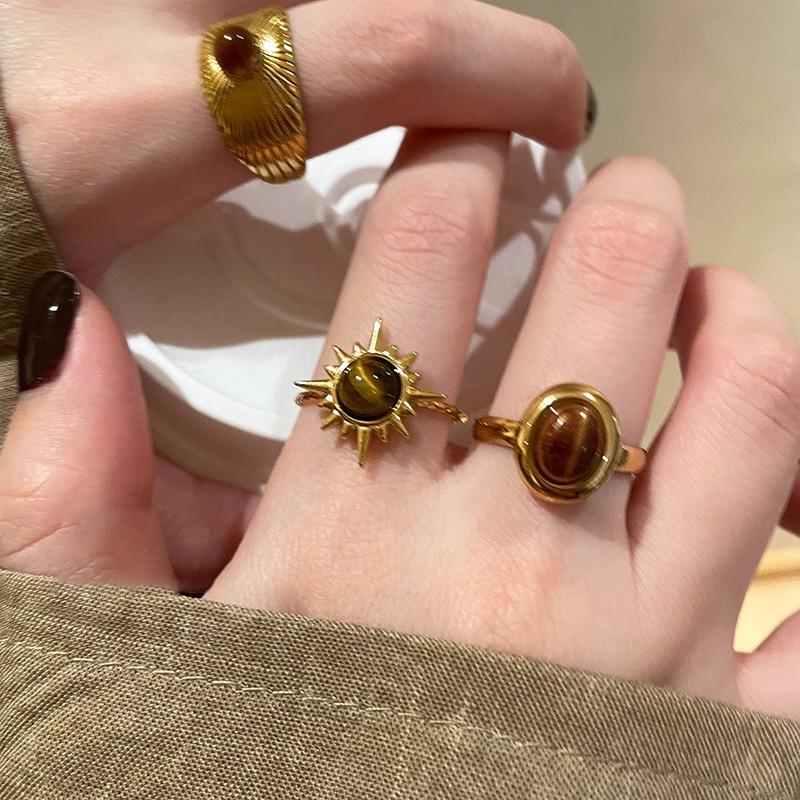 Vintage zircon tiger's eye stone round open ring Maillard style index finger ring fashion niche design ring woman
