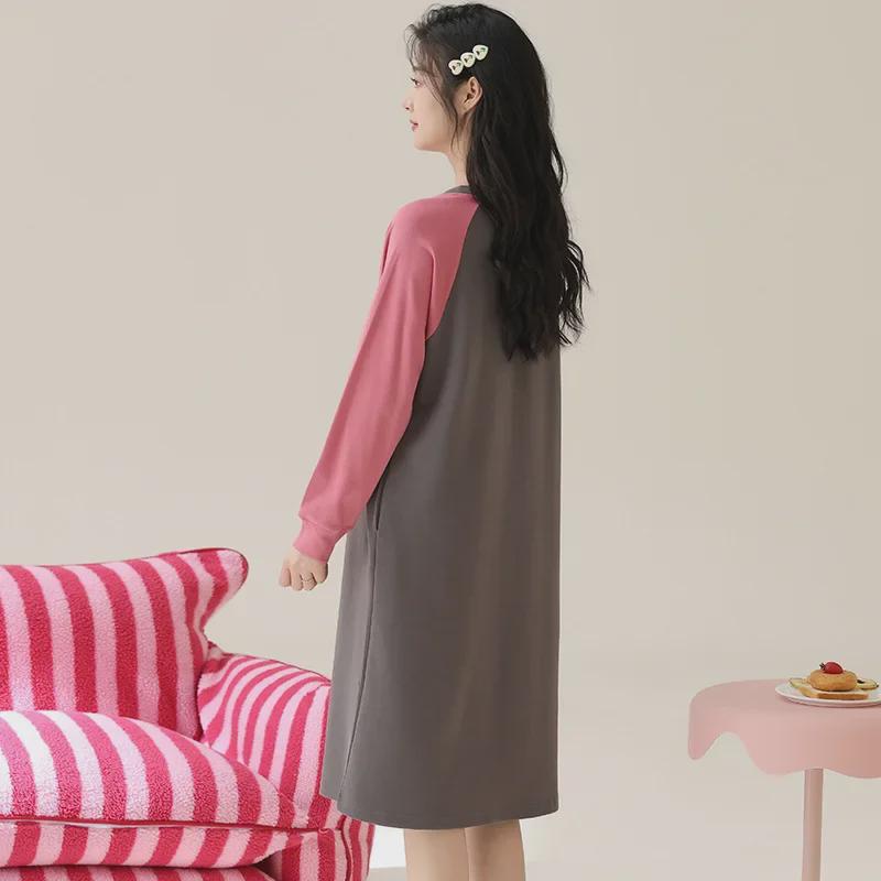 Women's 100% Cotton Knee-Length Long-Sleeve Nightdress for Spring and Autumn