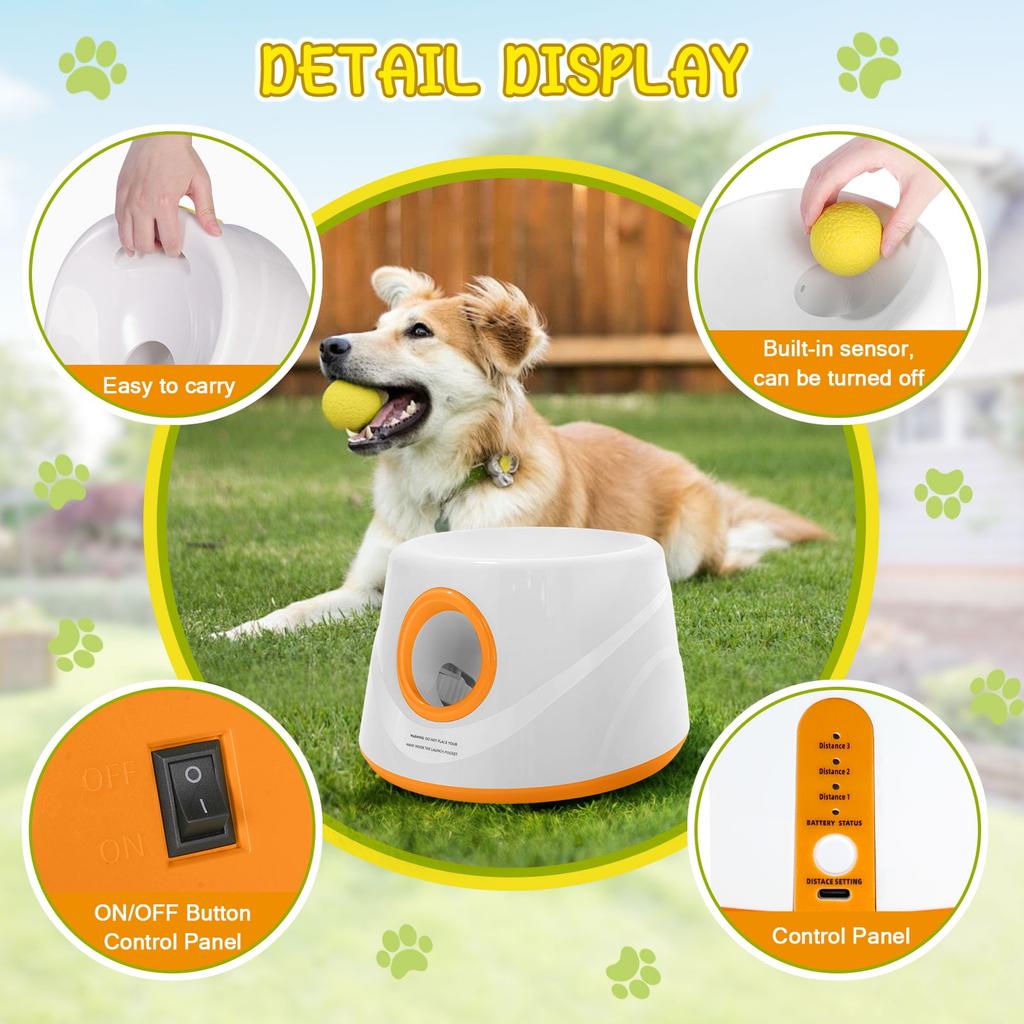 Lanceur de balles automatique pour chiens, Machine interactive de lancer de balle avec 3 niveaux de distance(20-46 pieds) & 5 Balles, Lanceur de Balle pour Chien pour Jouer à l'Intérieur et à l'Extérieur