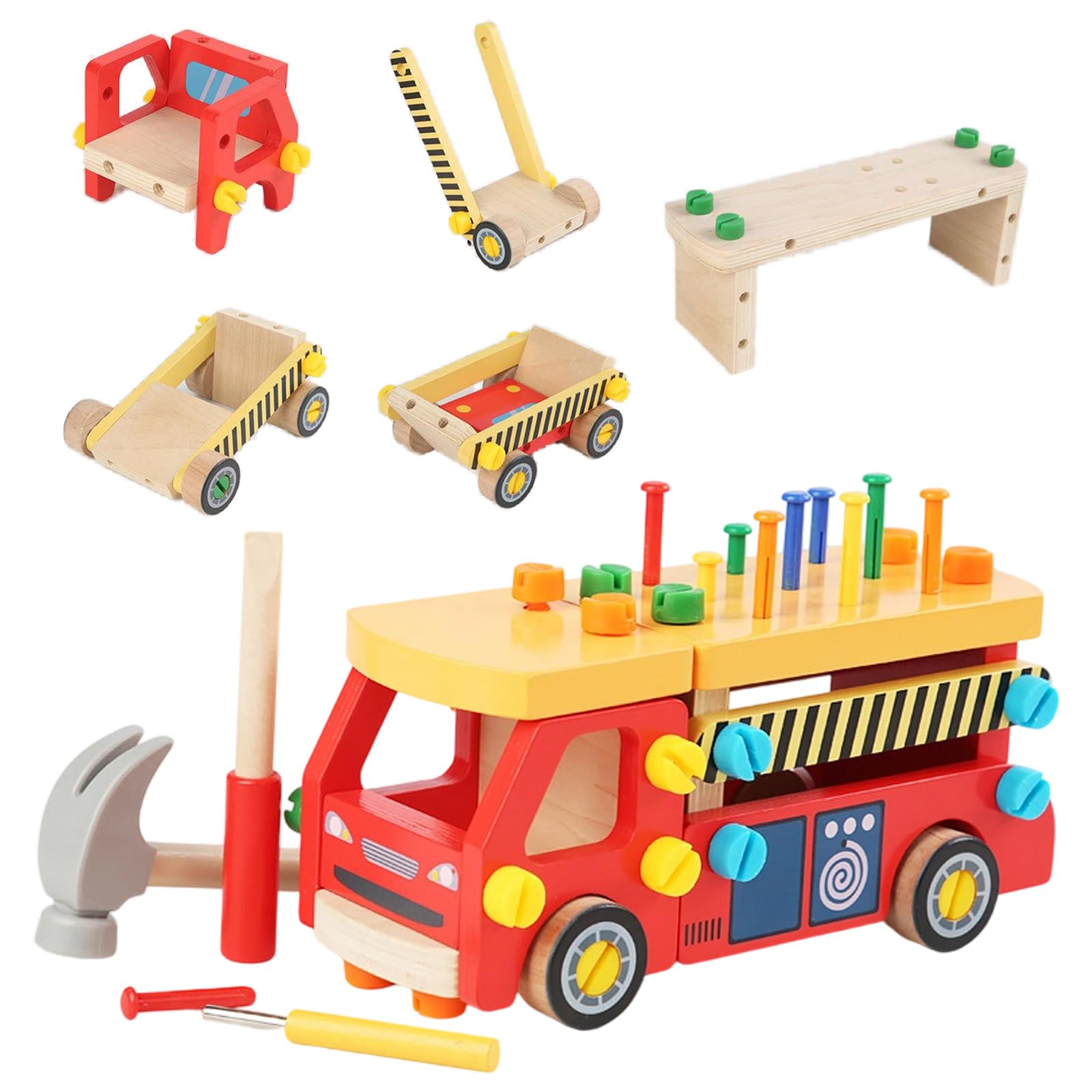 

AOMACO Educational Fire Truck Carpenter Pretend Play Assembly and Disassembly DIY Tool Assembly Car Wooden Building Shape Boys and Baby Shower Gift