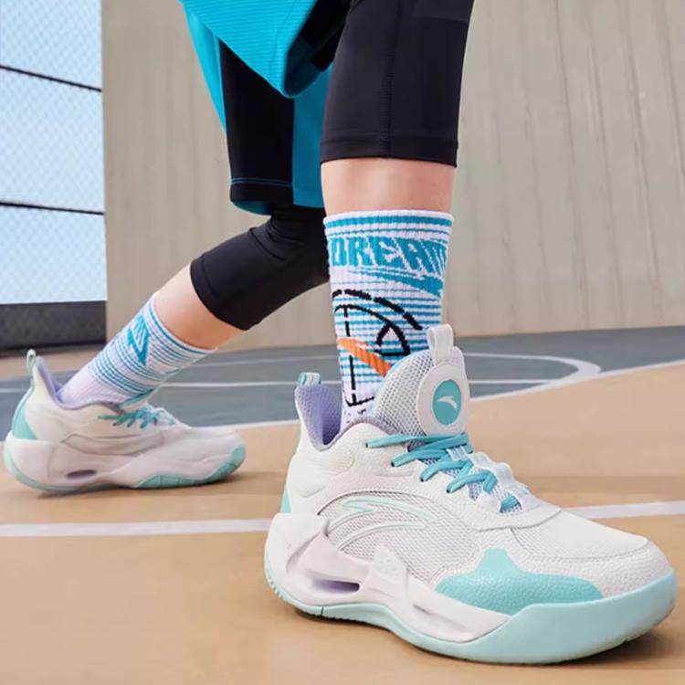 Anta Kids Wind Tunnel Simple Sports Shock Absorbing Wear Resistant Low Top Basketball Shoes Kids Sneaker White Blue A312421104-1