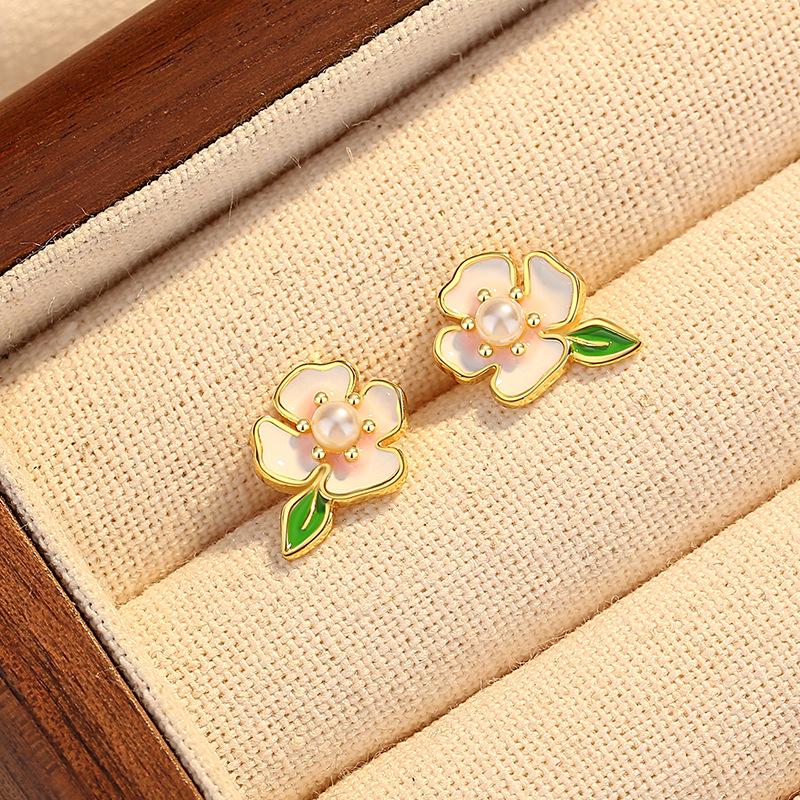 Tichya S925 Sterling Silver Cherry Blossom Enamel Stud Earrings for Women - Small, Fresh, and Exquisite Floral Accessories. 925 Silver