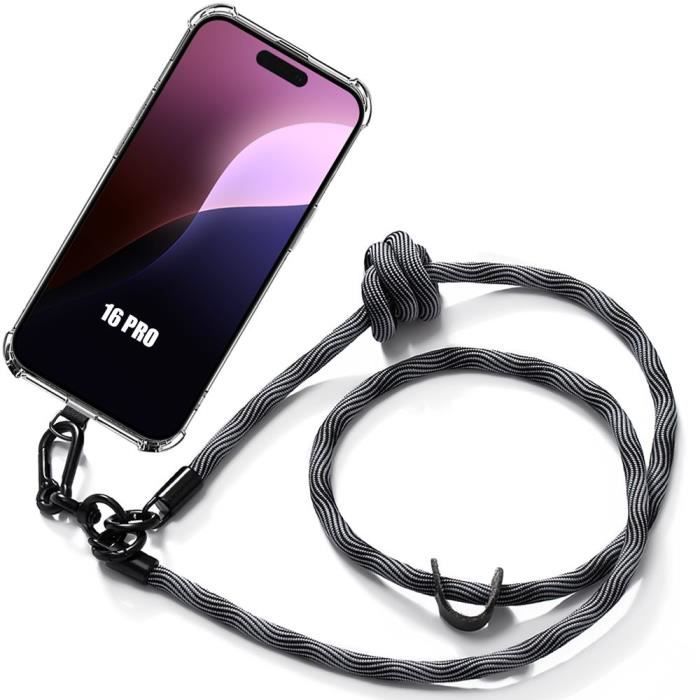 Coque - Antichoc - pour iPhone 16 Pro - Lanière Robuste - Gris - Souple