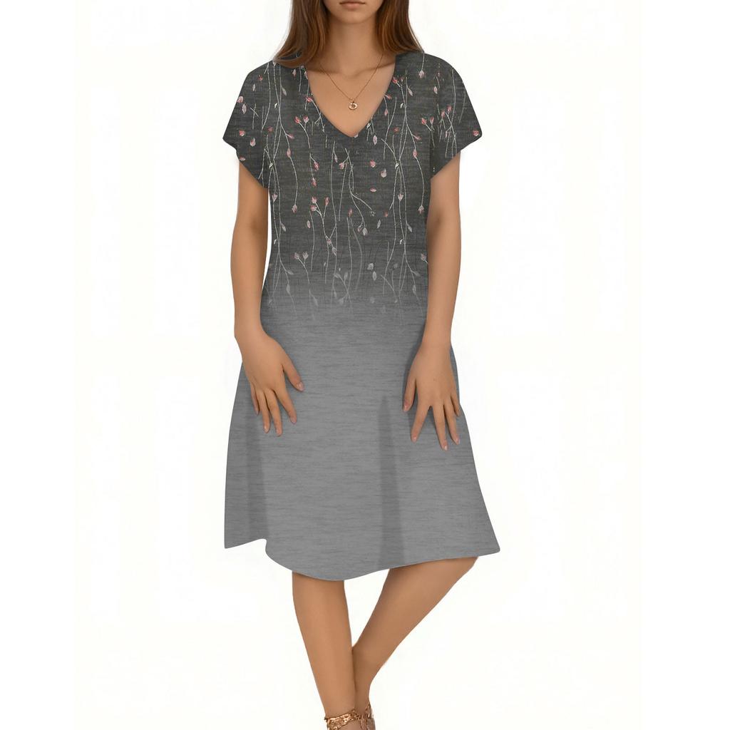 Women's Casual Fashion V-Neck Short Sleeve Floral Print Midi Flowing Dress