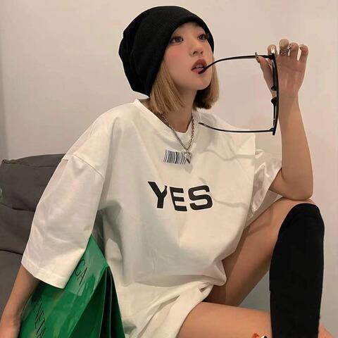 New ins super fire design letter printing t-shirt loose medium and long Korean version top spring and summer