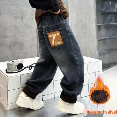 2025 Boys' Fleece-Lined Jeans: One-Piece Warm, Elastic Cotton Pants for Kids