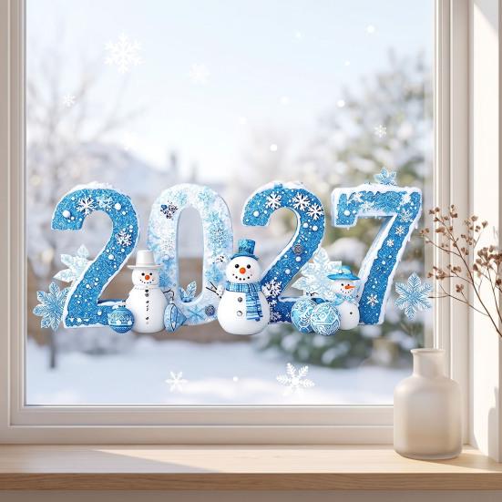 Reusable Christmas Shop Window Clings 2027 Static Clings, Snowman Snowflake Holly Glass Stickers, Digital Theme Decor Xmas Decals for Store