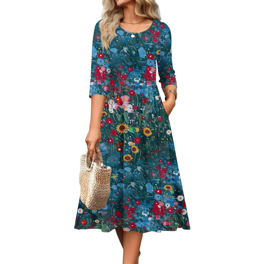3/4 Sleeve Women's Dress Casual Flowy A-Line Midi Tshirt Dresses With Pockets Crewneck Vocation Boho Beach Sundress