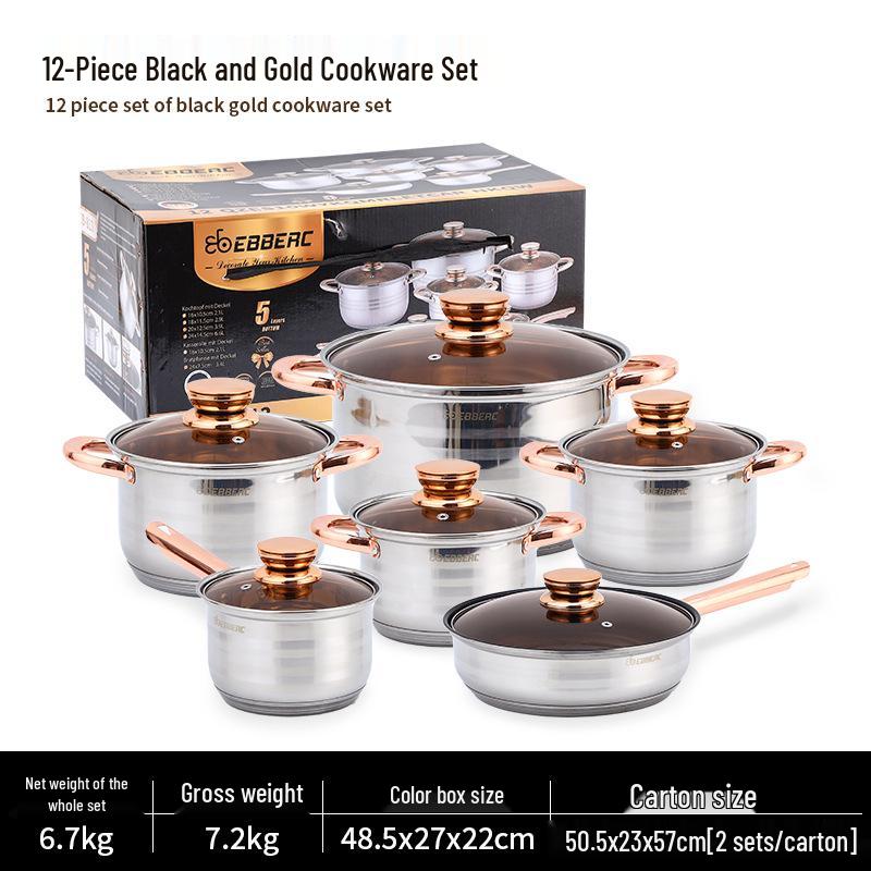 Cross 12-Piece Stainless Steel Cookware Set: Thickened Pots, Double-Bottom Frying Pan, Milk Pot, and Soup Pot