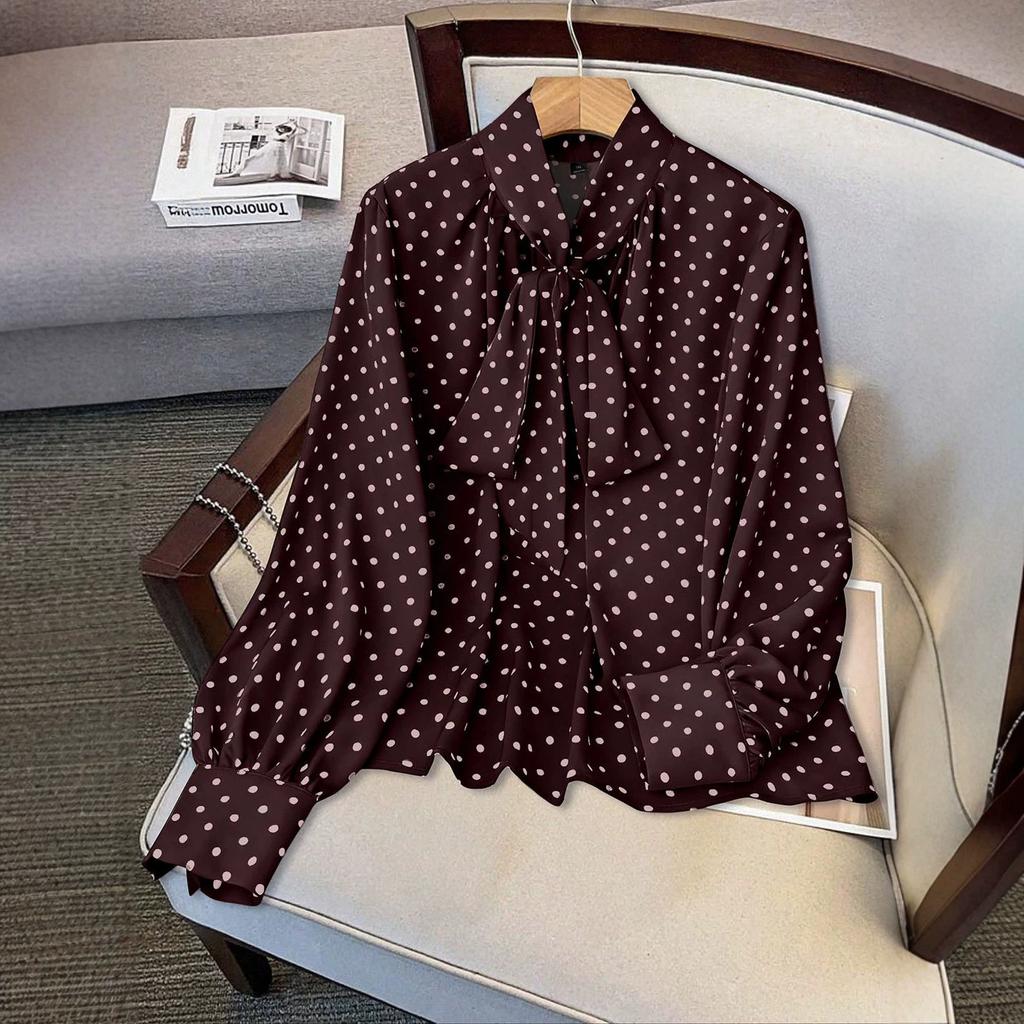 1116 Large Size Vintage Polka Dot Ribbon Shirt Bow Neck Bubble Sleeve Belly Cover Versatile Chiffon Top